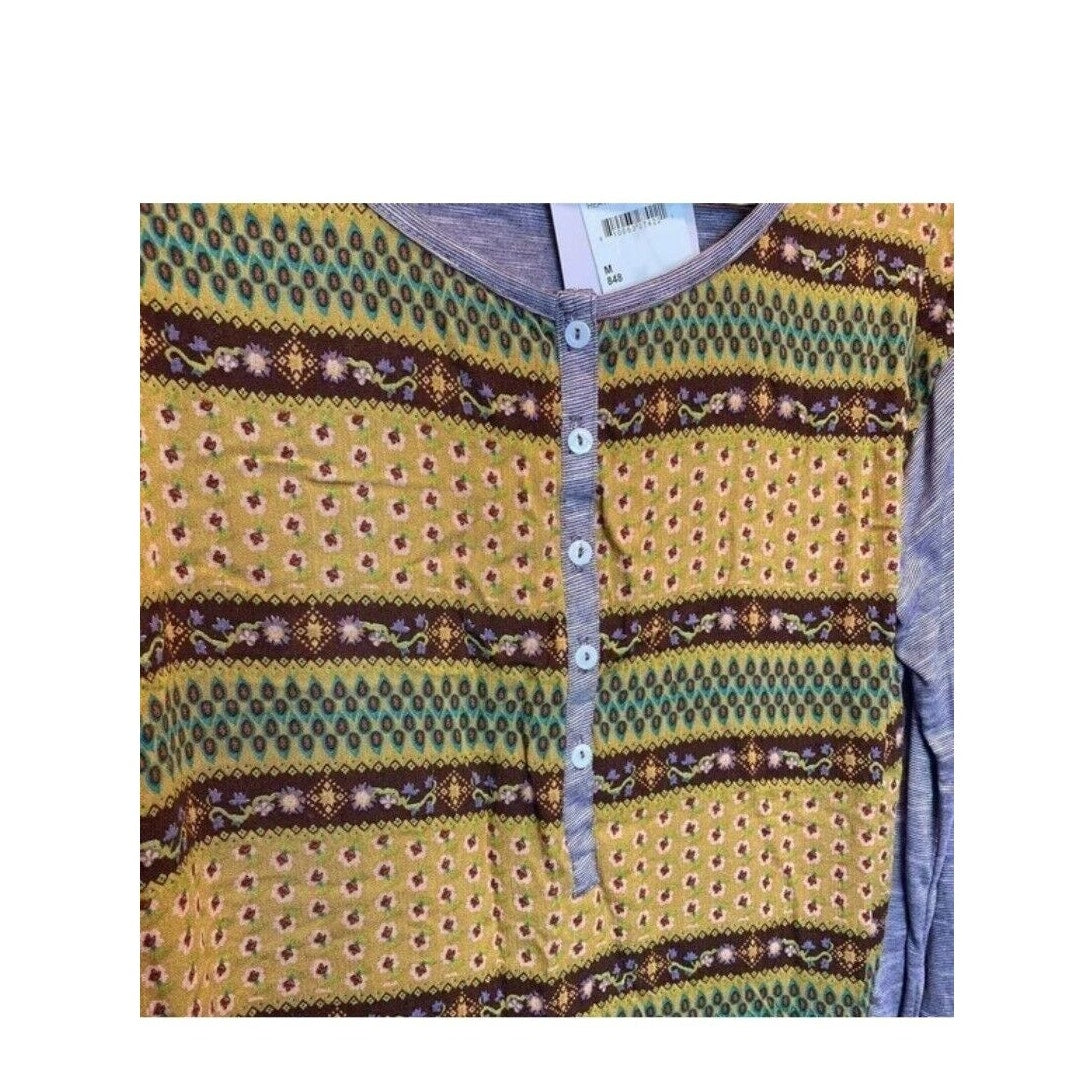 Baea Nordstrom Mixed Pattern Long Sleeve Henley Style Top Purple Gold LARGE New