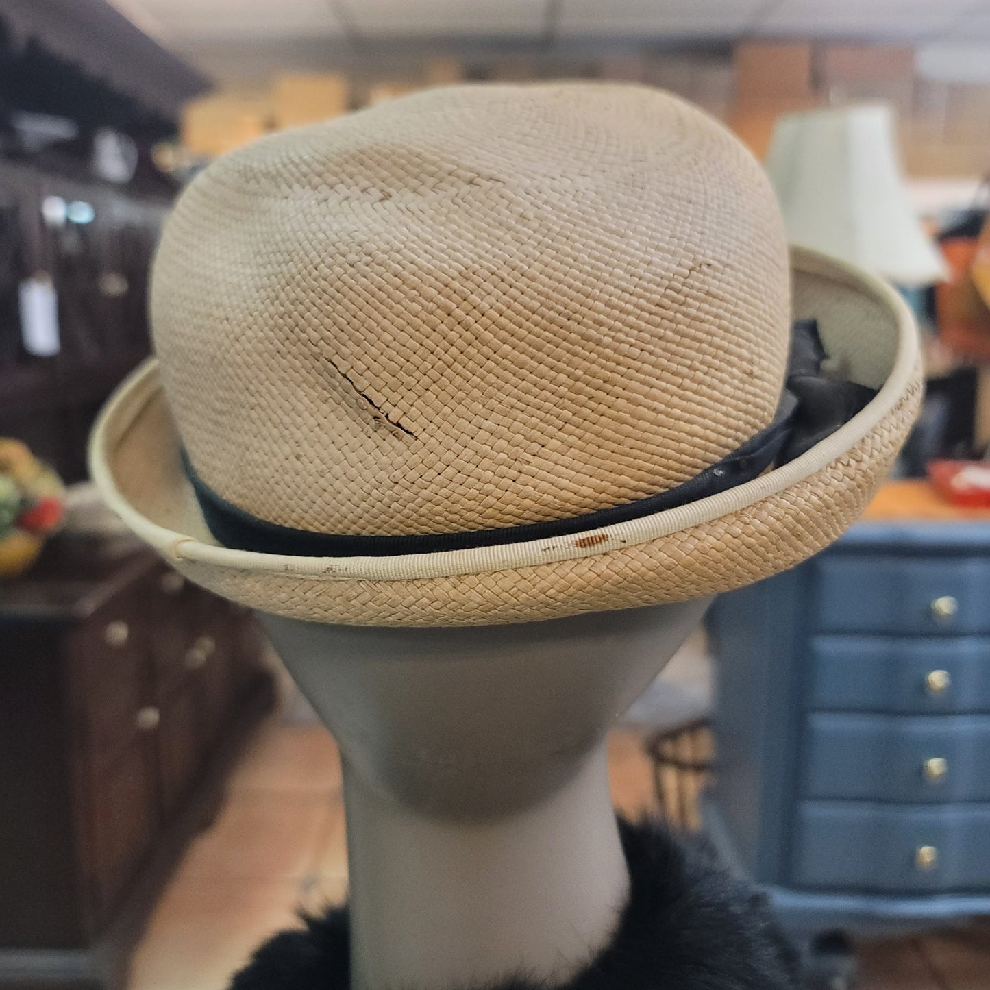 Imported Genuine Panama straw Vintage ladies HAT 40's 50's Breton roller ribbon