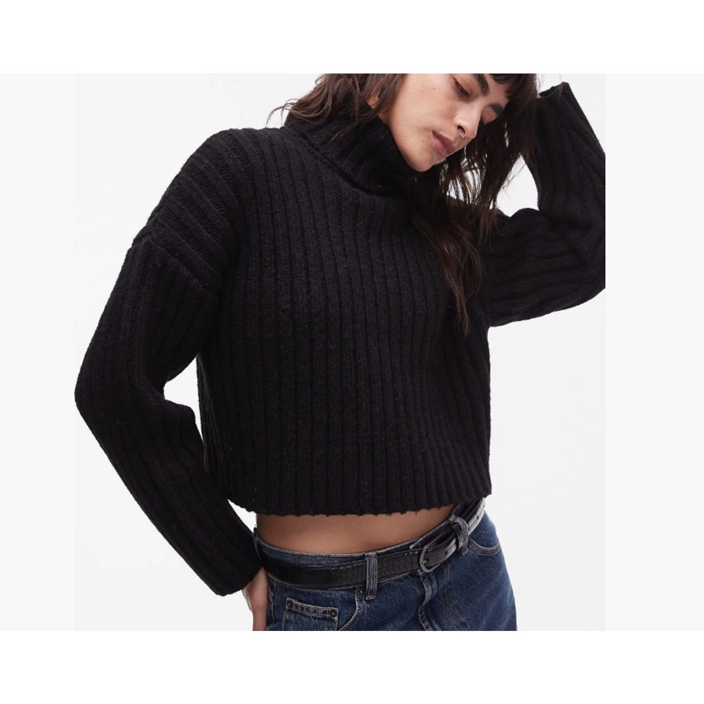 Topshop Turtleneck cuffed sleeve cropped KNIT Black Pullover Sweater X-Small 0-2