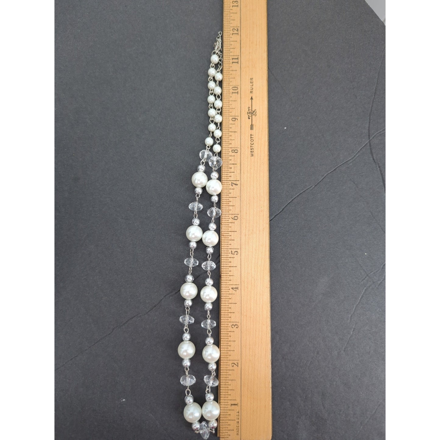 Vtg. Faux Pearl Facett Bead Necklace Earrings Set SilverTone Bridal Wedding Glam