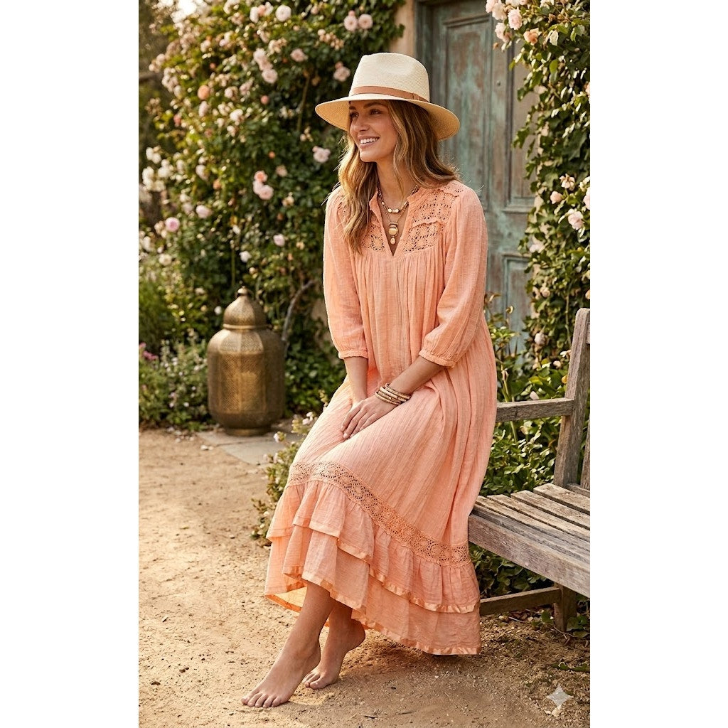 Vintage Peach Gauzy Cotton Crochet Boho Midi Dress Ruffle Hem Medium R – Secondhand Sandies