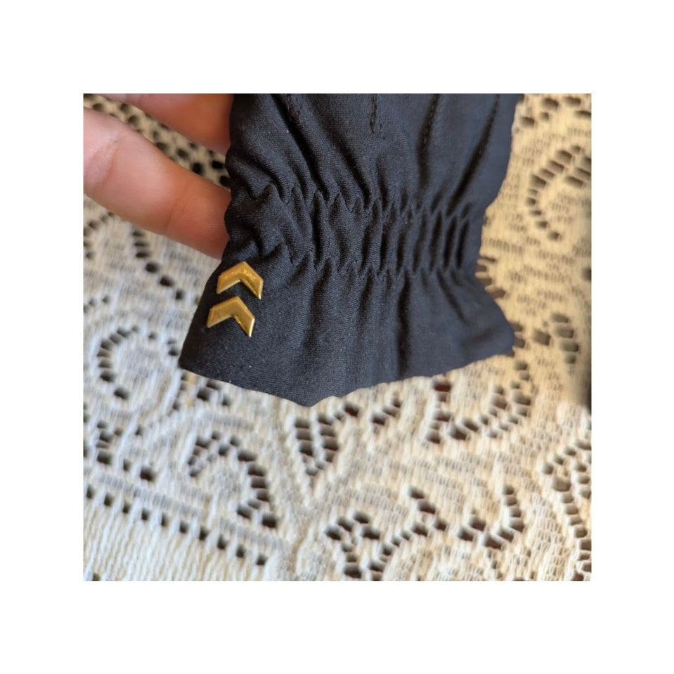 Vintage Black Ruched Driving Gloves with Gold Chevron Accent