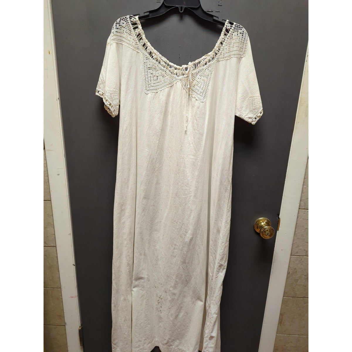 Antique Edwardian Nightgown White Cotton Dressing Gown Crocheted Bodice Large