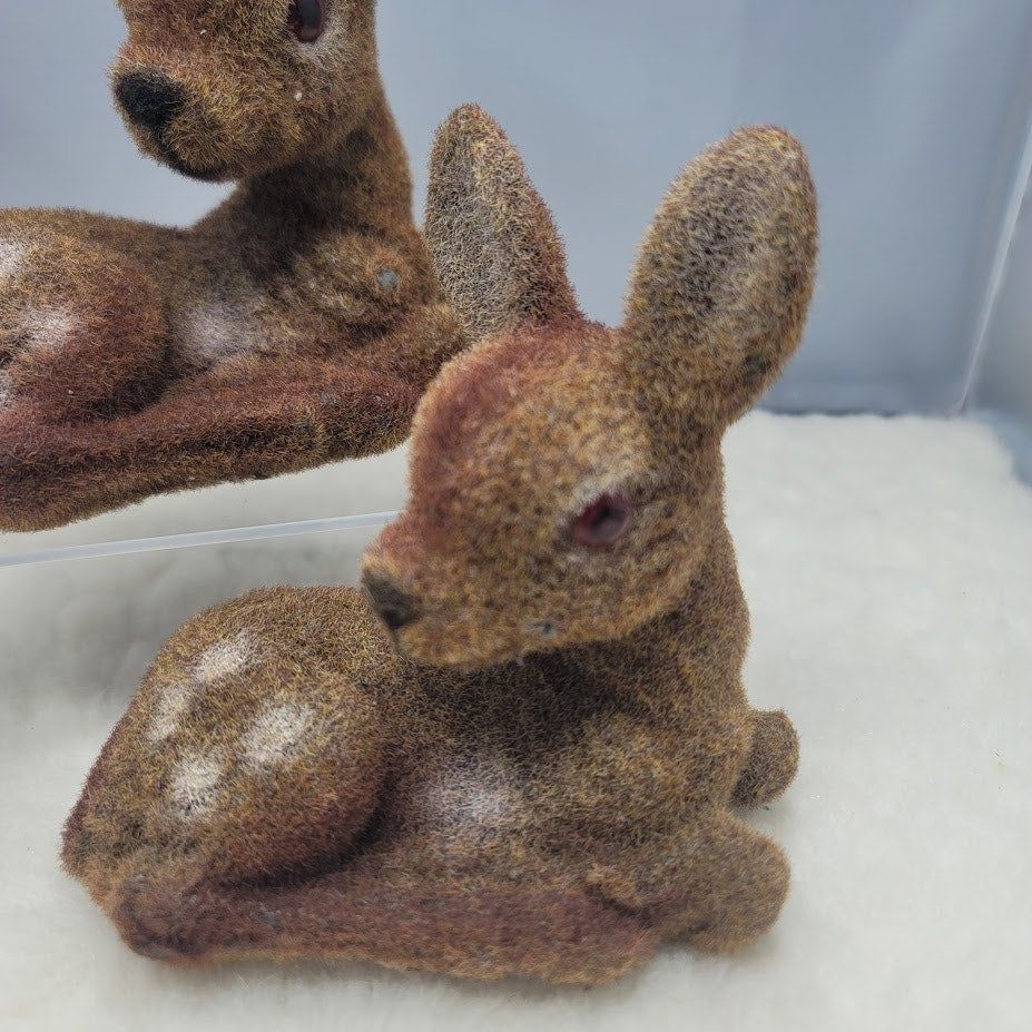 Vintage Mid-Century Flocked Spotted Fawn Figurines - Set of 2 Deer