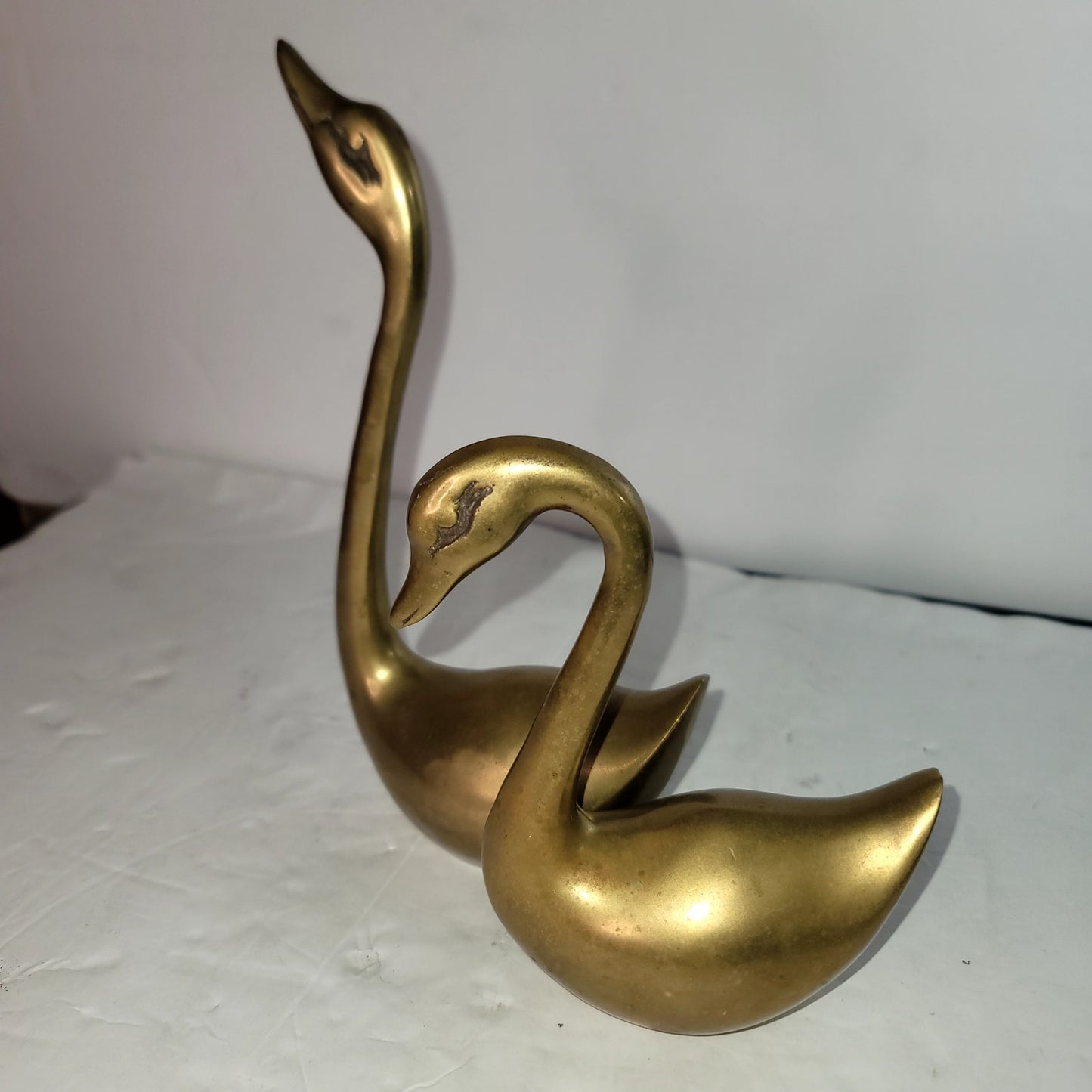 Vintage Brass Swan Pair Korea MCM Mid Century Modern Large Small 8.5" & 5.5"