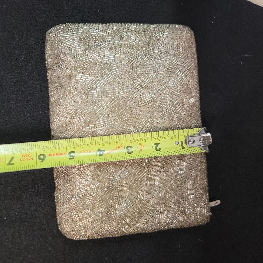 Vintage Beaded Evening Bag Cream Metallic Clutch damaged strap