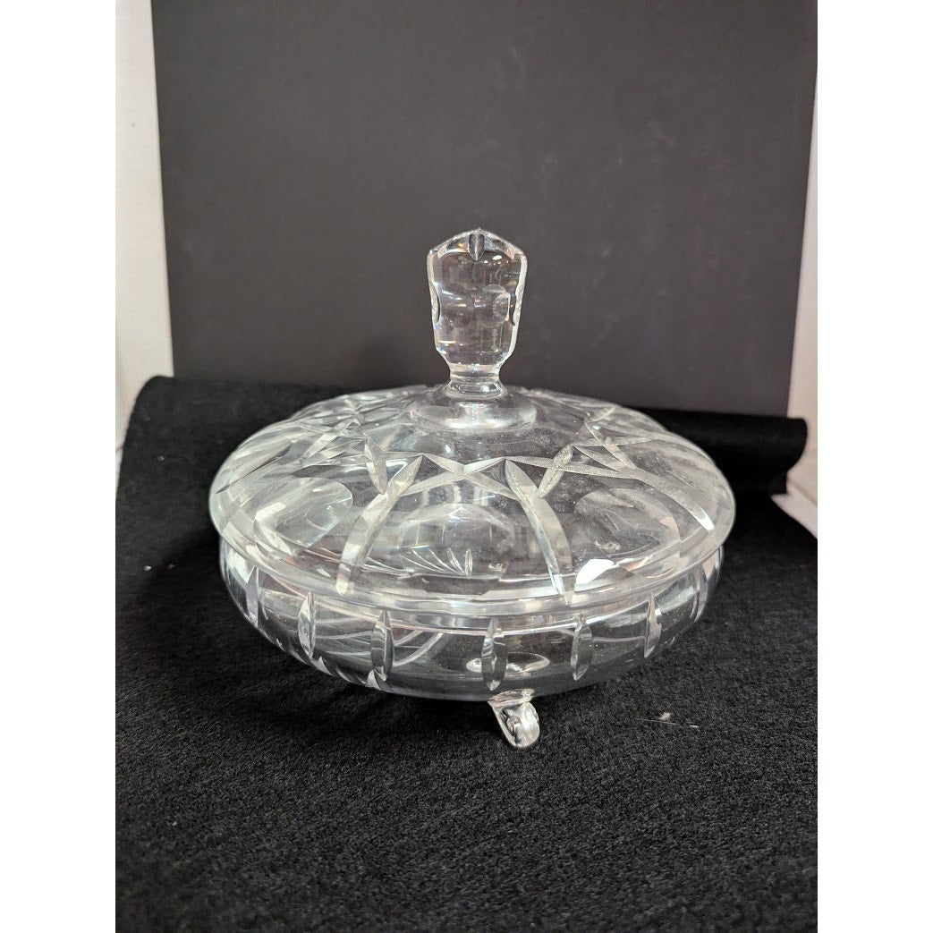 Vintage clear crystal lidded footed vanity powder bon bon candy dish cut pattern