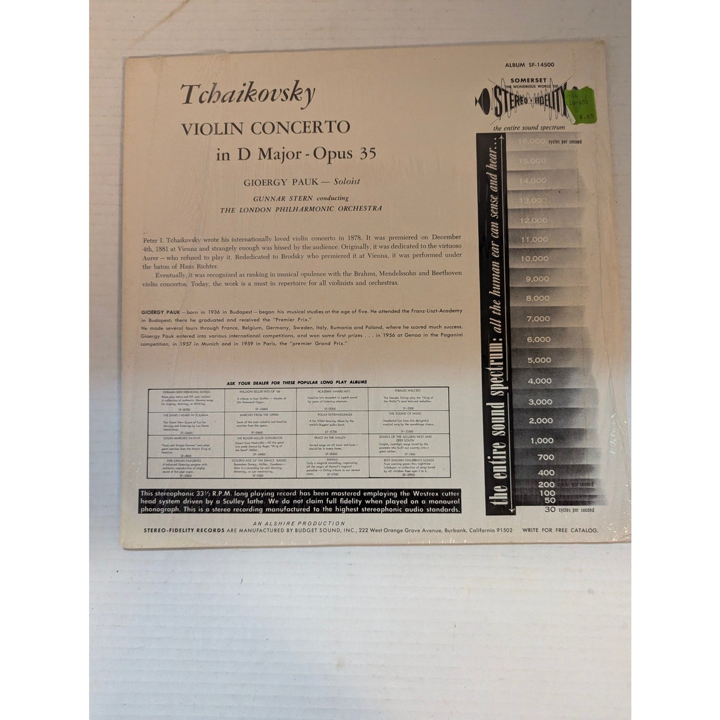 Vintage Tchaikovsky Violin Concerto Somerset SF-10200 Stereo Fidelity Vinyl LP