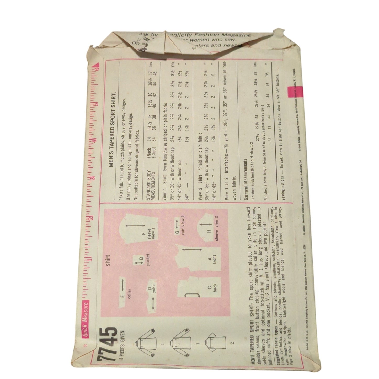 Vintage Sewing pattern Simplicity 7745 Size 15 1/2 Neck Chest 38 men's shirt