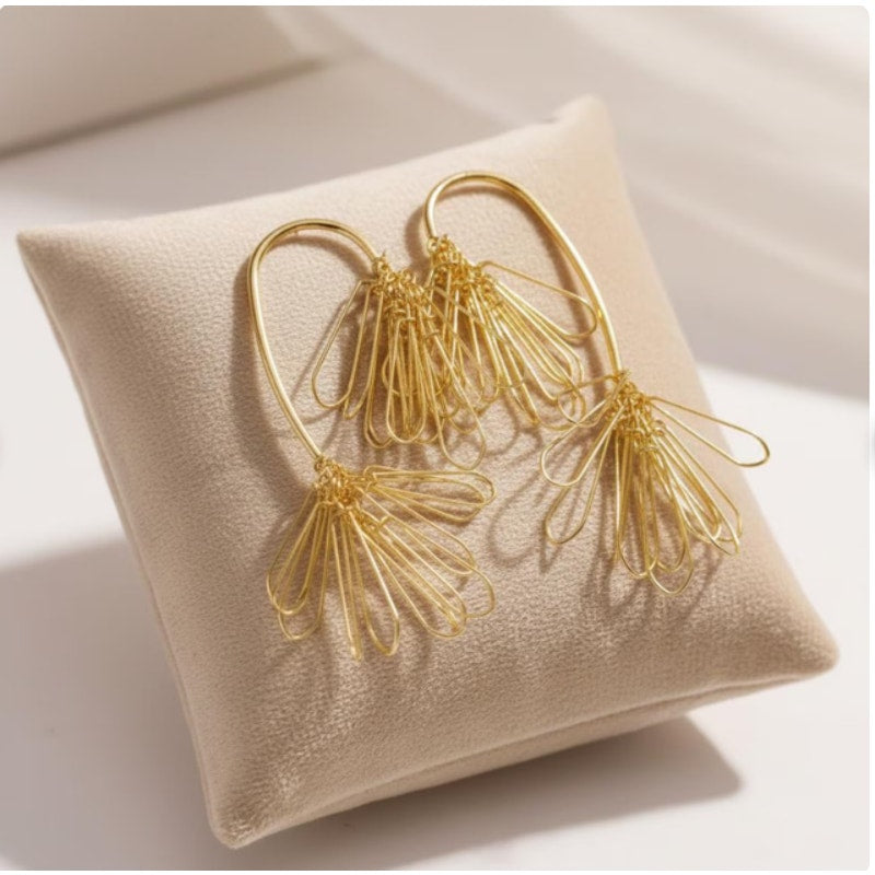 Modernist Gold Wire Cage Tassel Earrings Large Statement Runway Glamour