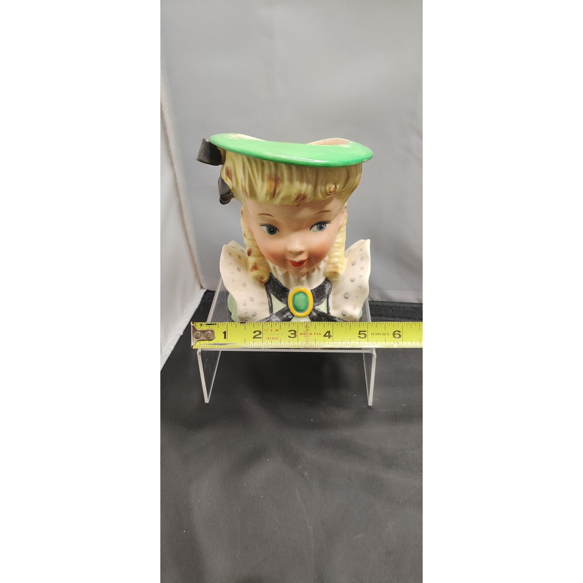 Vintage 1950s Blonde Lady Head Vase Planter Green Hat Polka Dot Bow Kitsch MCM