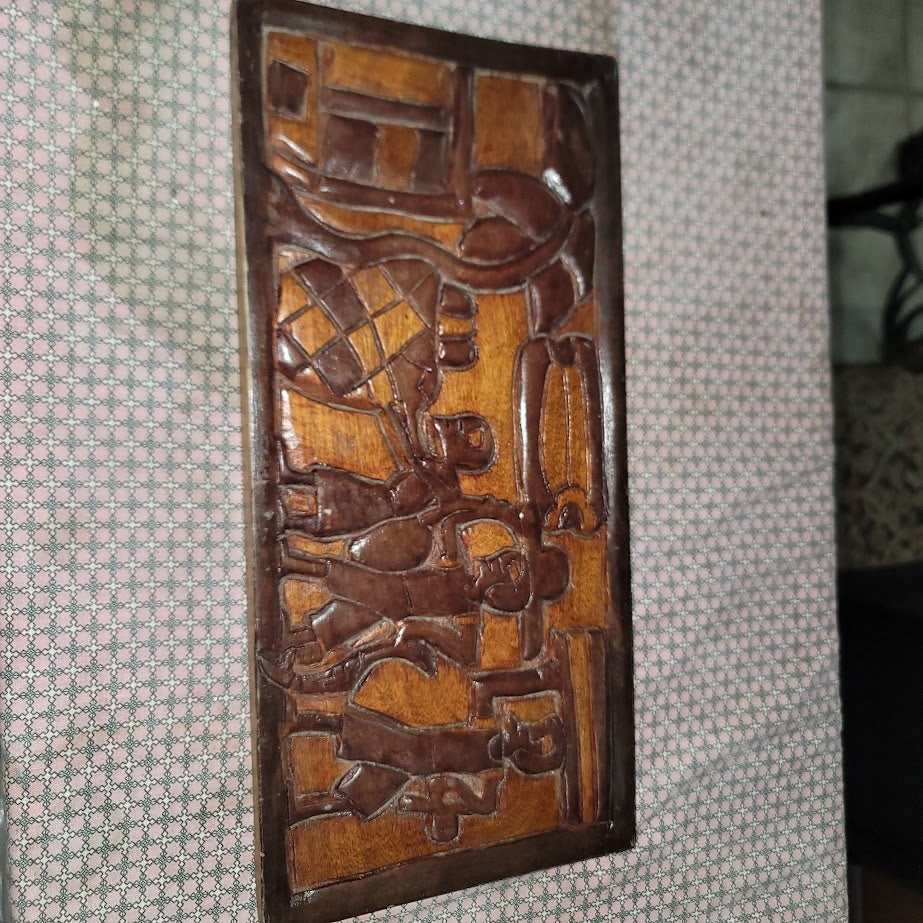Handcrafted Market Village Vintage Wall Plaque Triptych Wall Mural Wood Carved
