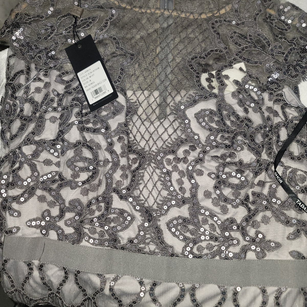 Tadashi Shoji Lace Sequin Cocktail Tea Party Gown size 8 Mist Gray NEW