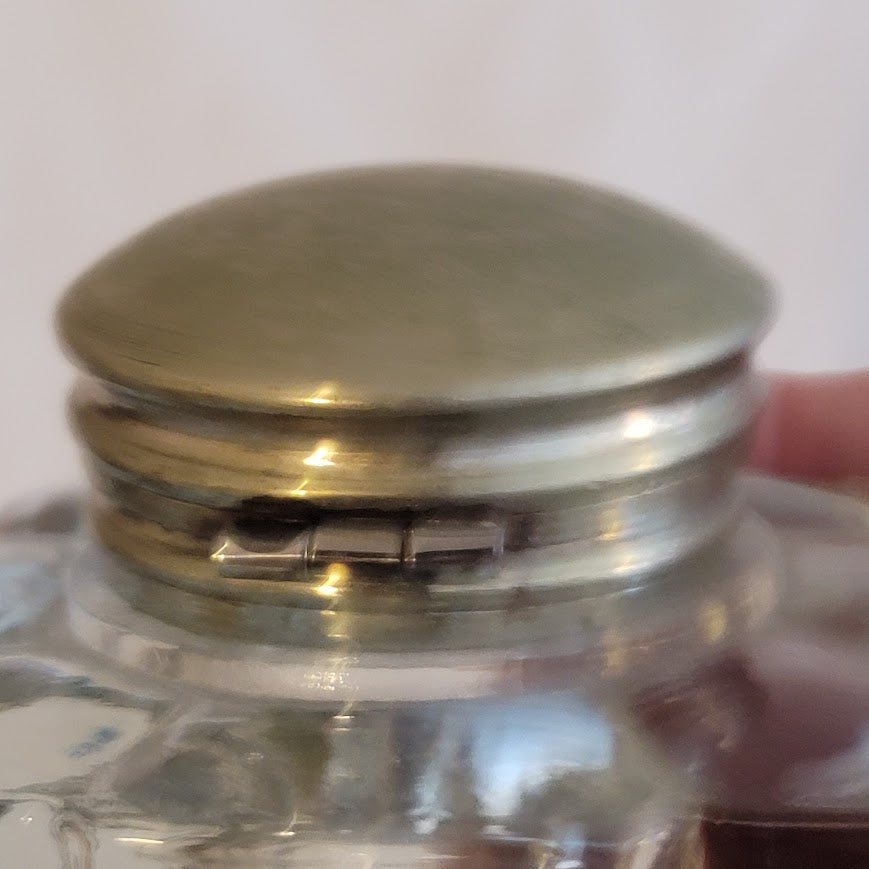 Inkwell With Clear Molded Glass Silver Plate lid Square Cut Glass 3x2.5x1.5 In