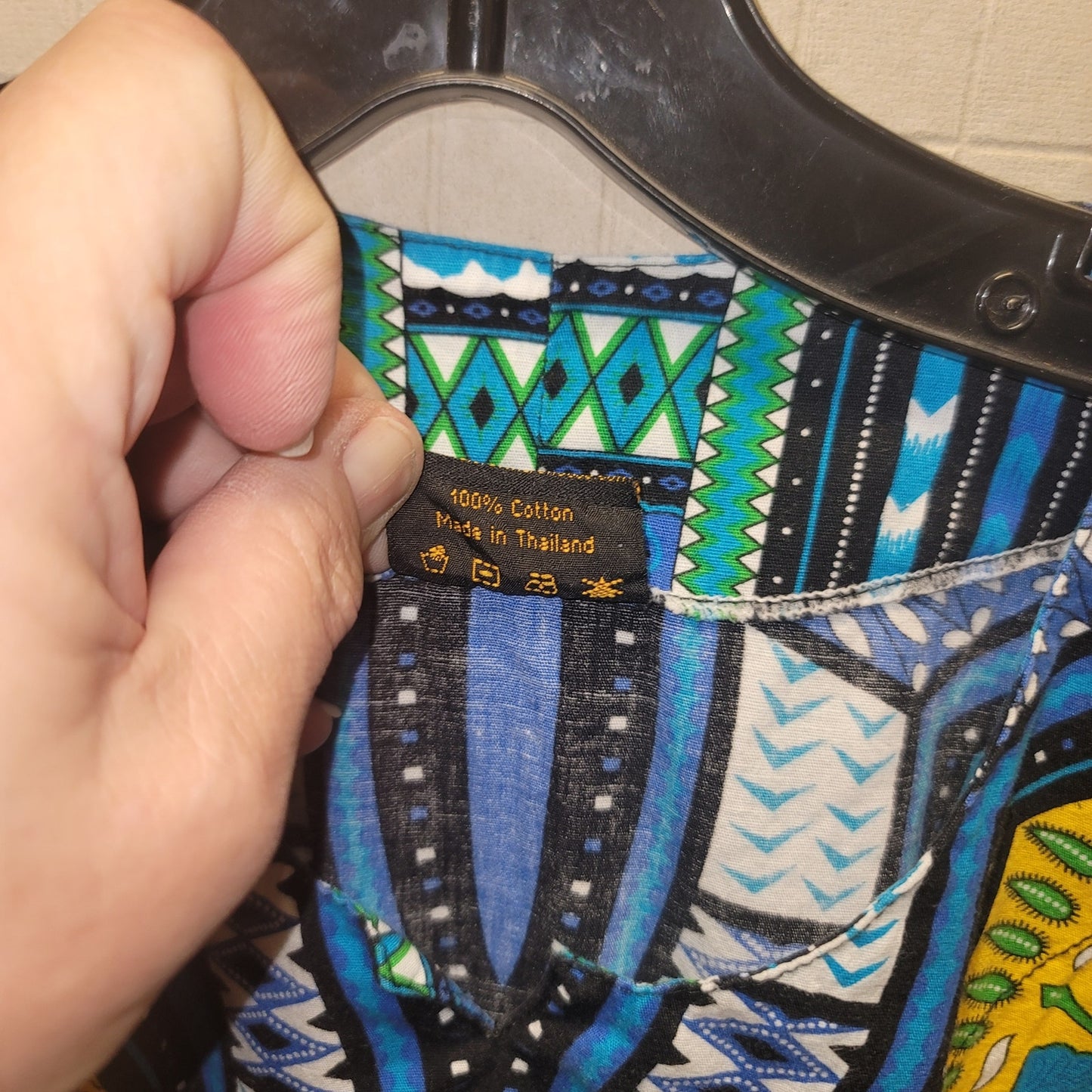 Dashiki Print Shirt Poncho Blouse Elastic Waist Cotton One Size Blue Yellow