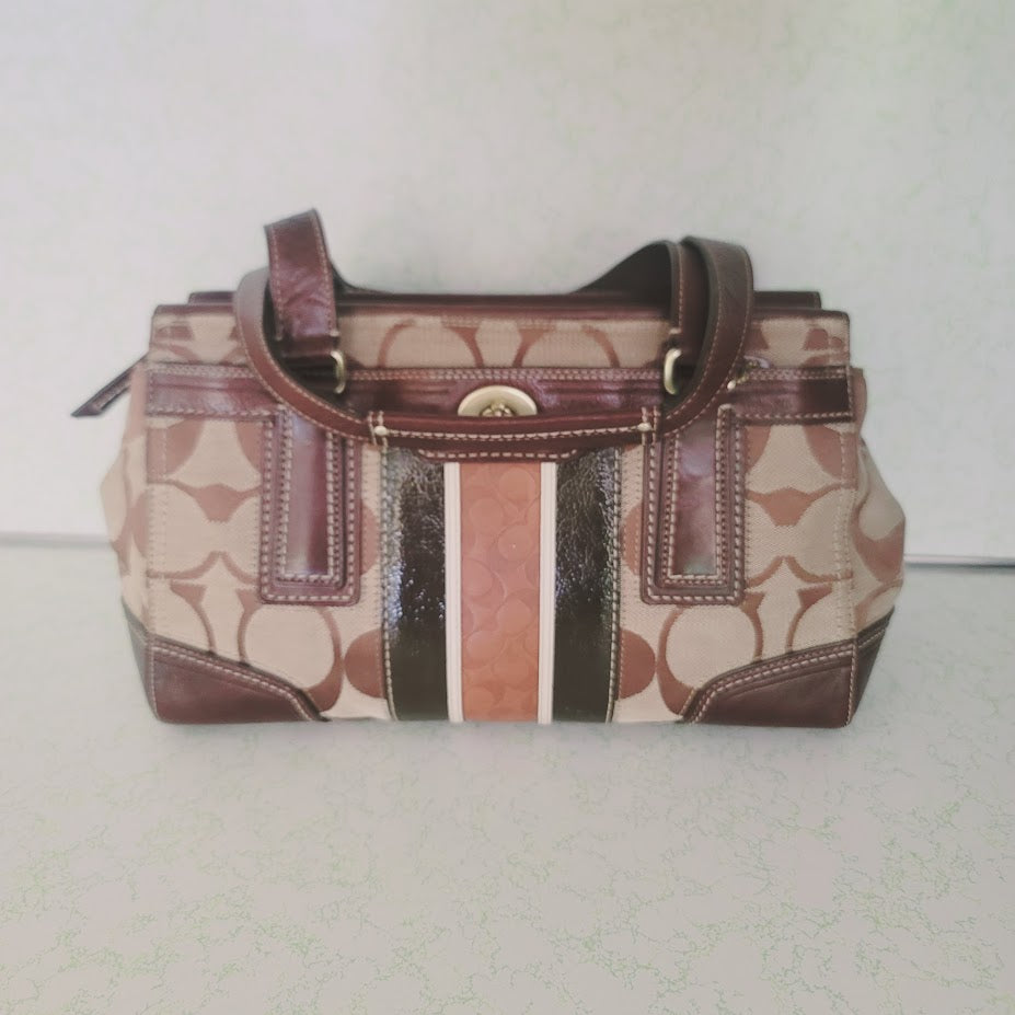 Coach Signature Stripe Gallery Tote Satchel Bag Brown Canvas Leather Trim Y2K
