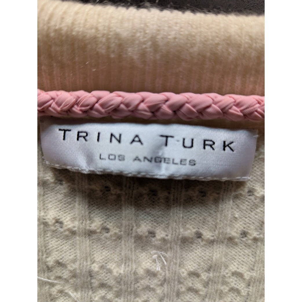 Trina Turk Cream Ribbed 100% CASHMERE Short Sleeve Pullover Sweater Sequins