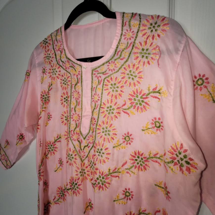 Fabindia Pink Embroidered Long Sleeve Tunic Top Beaded Embellishments Size Large