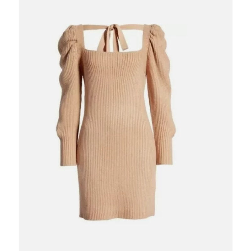 WAYF Leland Long Sleeve Tie Back Sheath Sweater Dress In Camel Medium Winter NEW