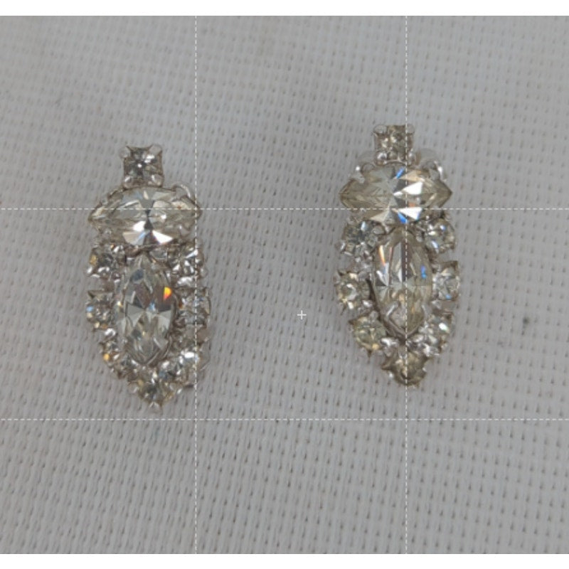 Mid-Century White Rhinestone Cluster Clip-On Earrings Retro Bridal Glamour