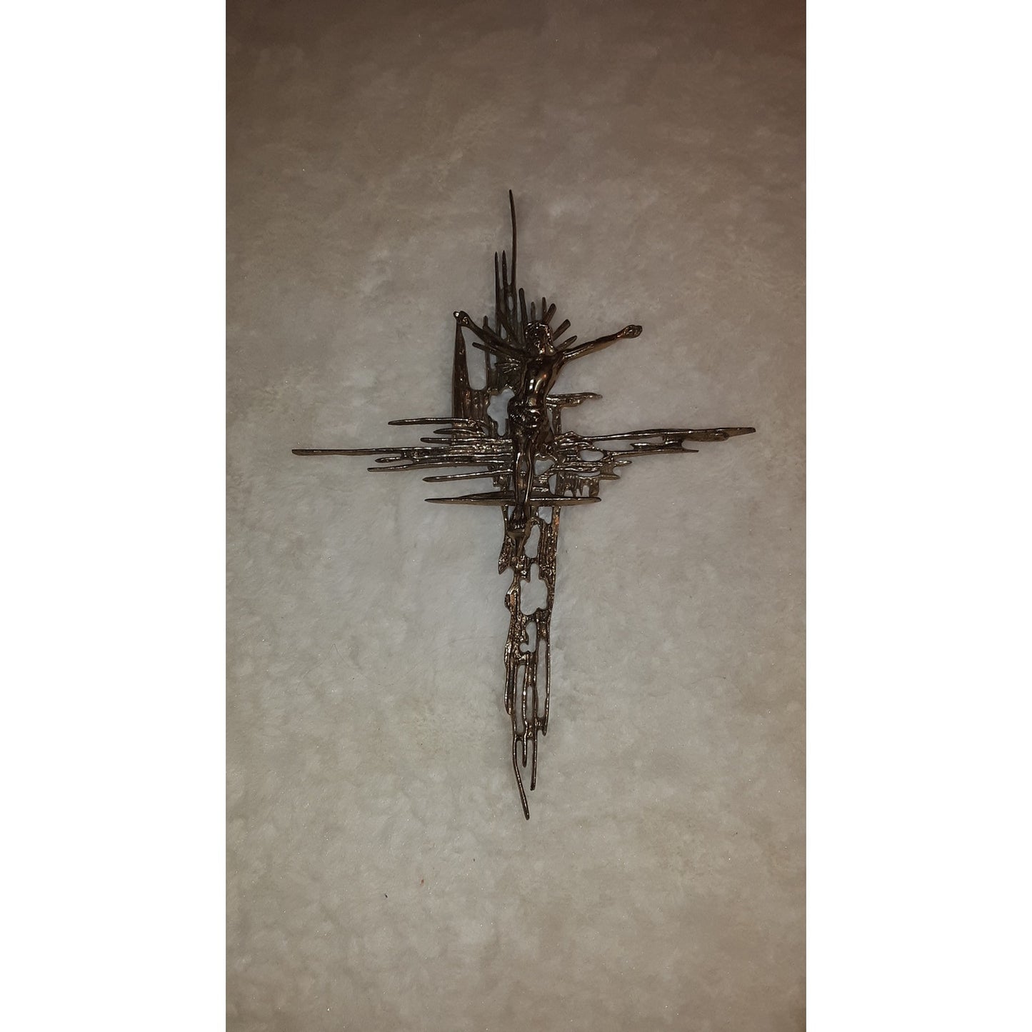 Brutalist crucifix religious wall sculpture goldtone Jesus on Cross Spain Bronze