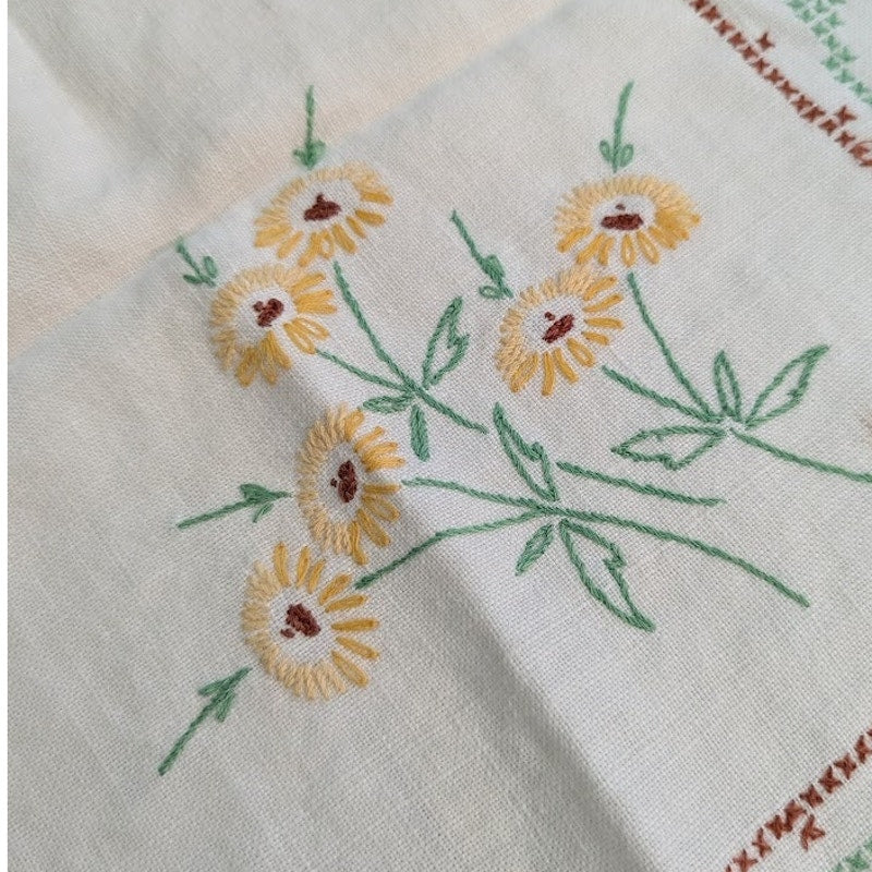 Vintage hand embroidered table runner with hand stiched edge Daisies Flowers