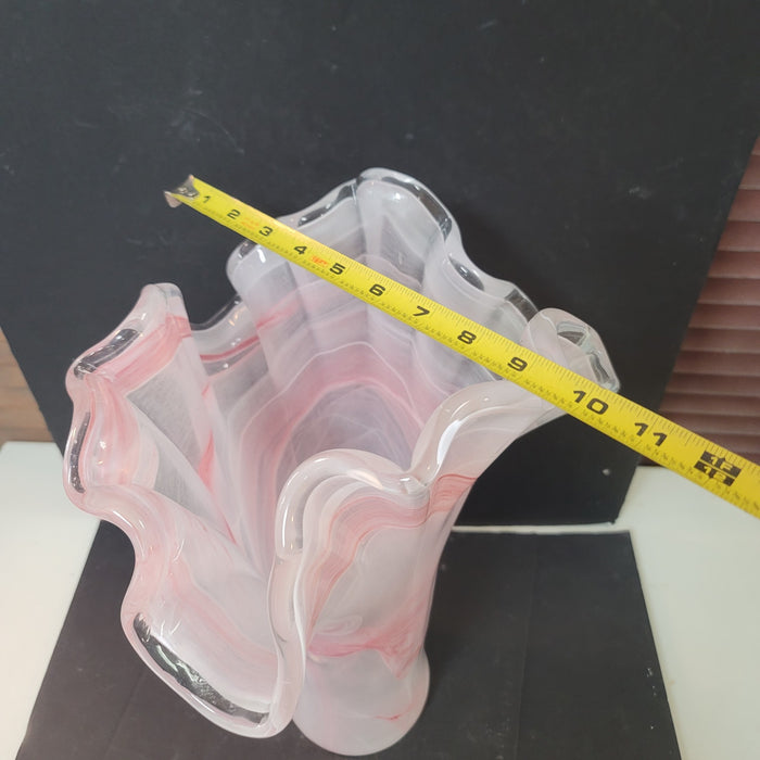 Murano art glass large vase End-of-day Slag White Pink Handkerchief Ruffle