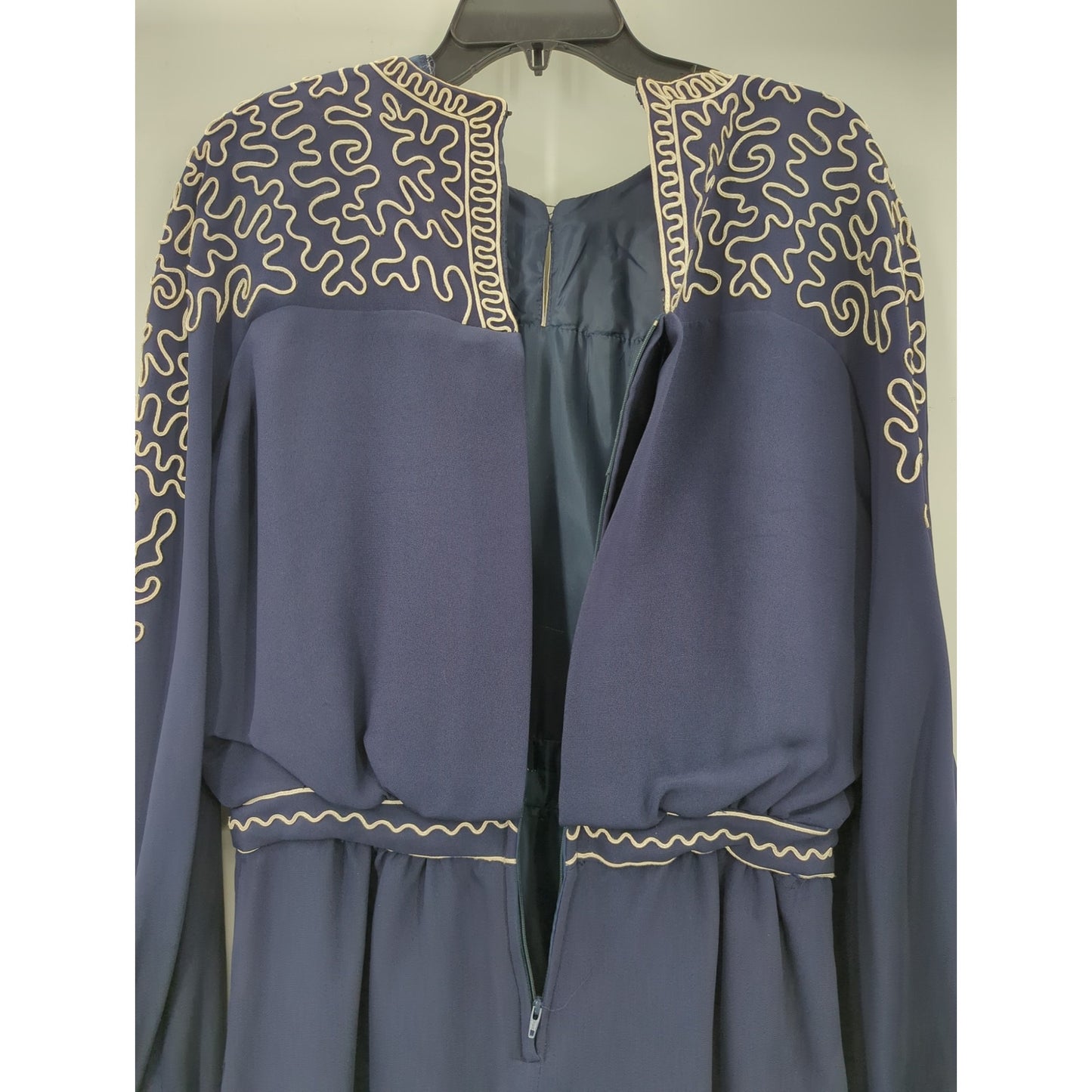 Margaret's Lubbock Texas Dress cinched waist Navy Soutache Church Wedding