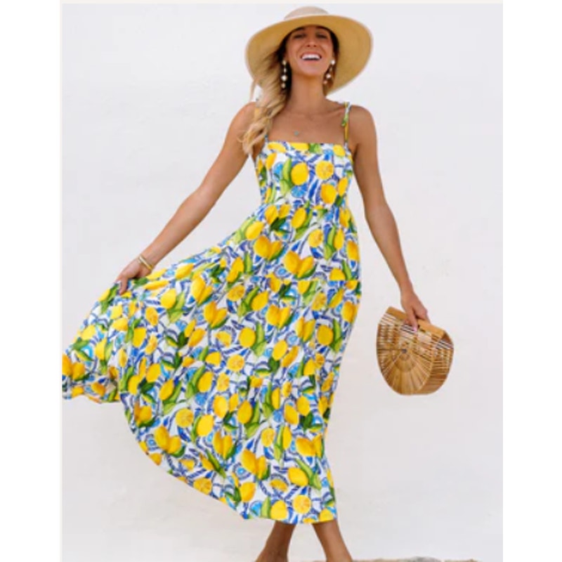 Kenny flowers Positano Large Resort Dress Lemons Smocked back Spaghetti straps