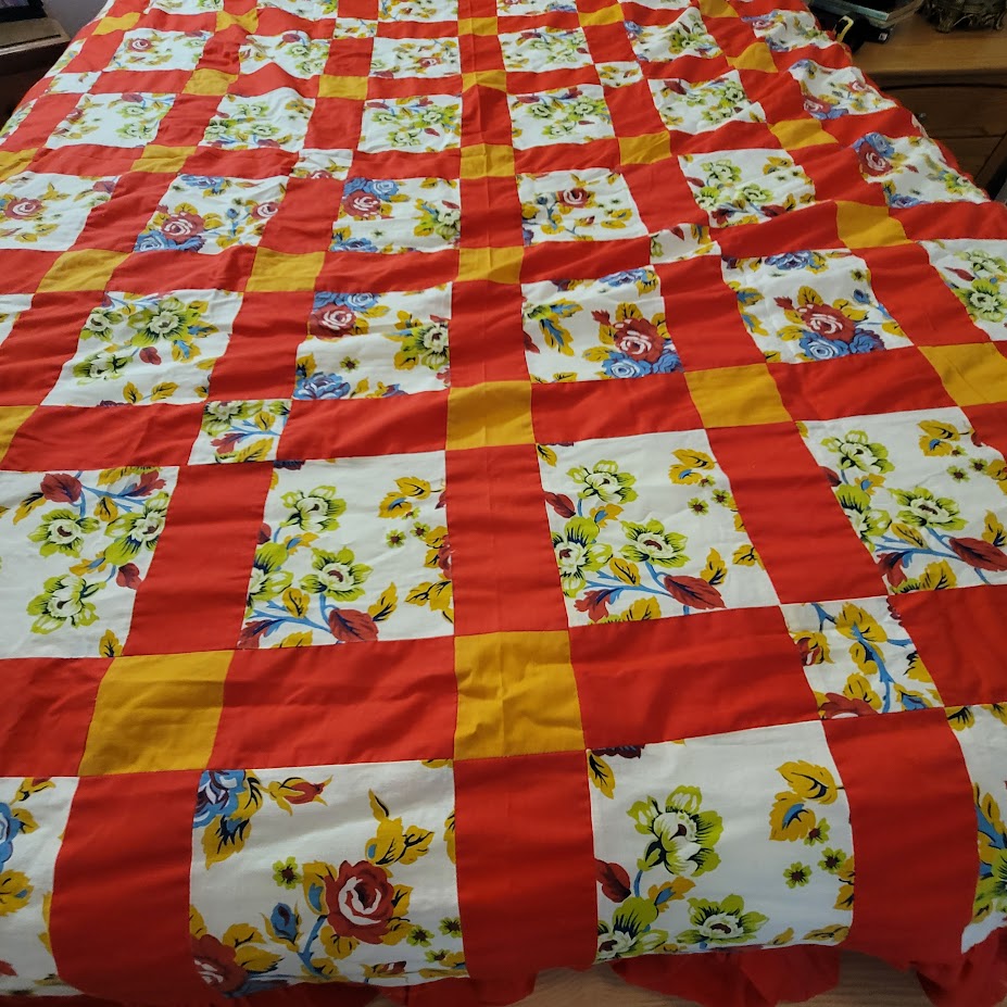 Vintage Farmhouse Red Yellow Floral Patchwork Unfinished Quilt Top 108x88 Queen