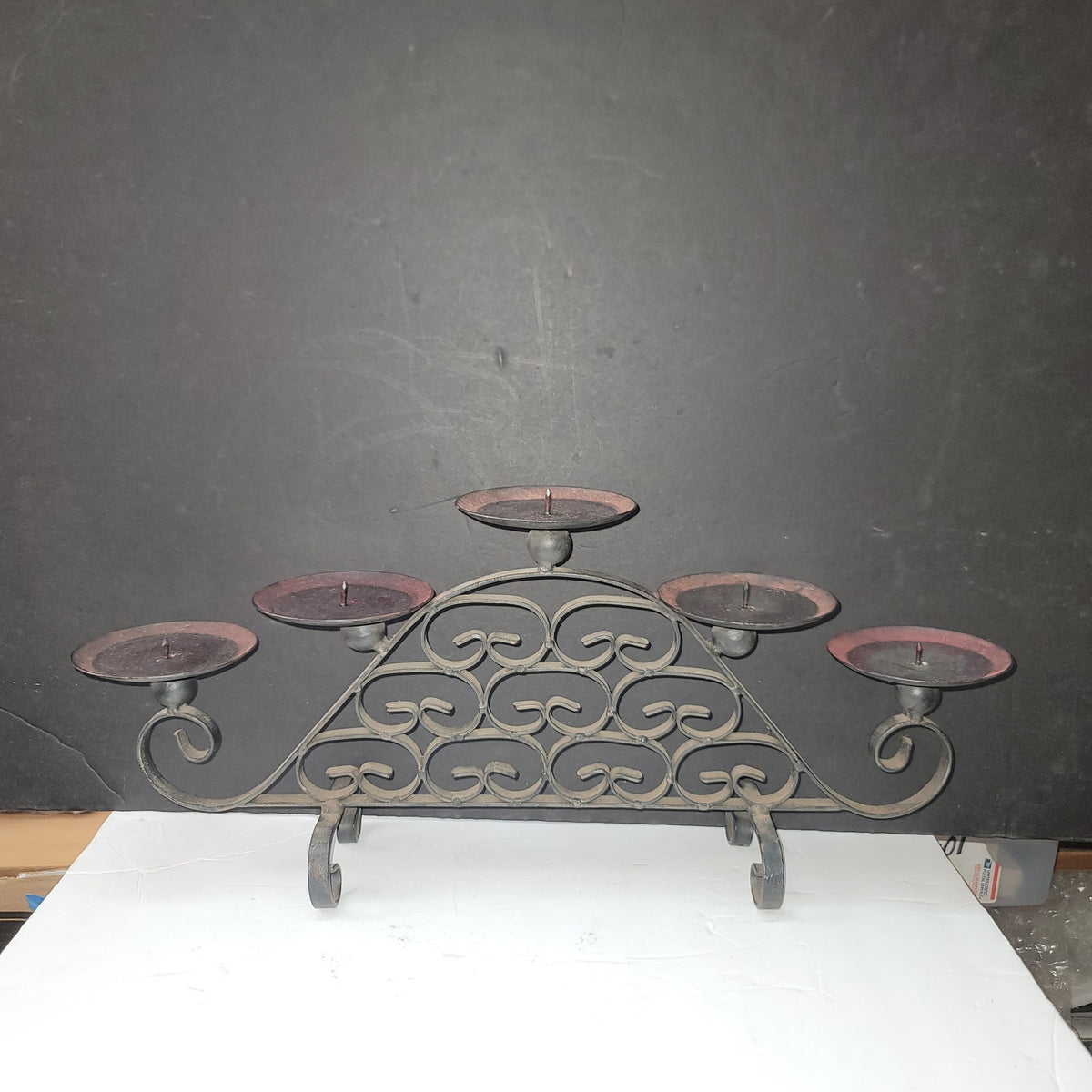 Wrought Iron Five Pillar 19.6” Tabletop Candelabra Black Candleholder Vintage