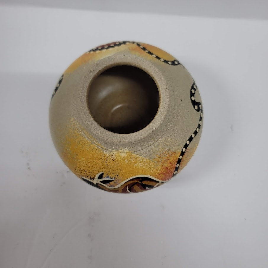 Australia Aboriginal Art Pottery Vase, Kangaroo Signed LB Small mini Vintage