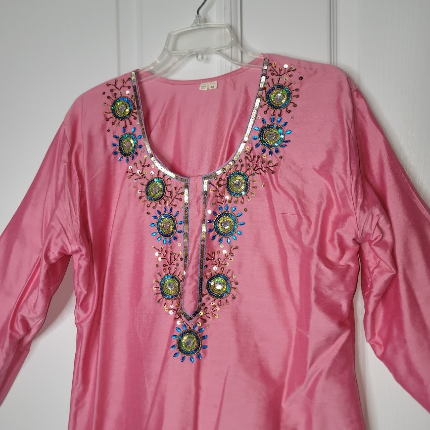 Fabindia Pink Embroidered Long Sleeve Tunic Top Beaded Embellishments size Large