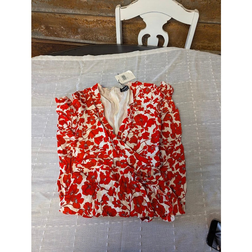 Bardot Sz 12 Red/White Fiesta Floral Faux Wrap Ruffle Short Sleeve Casual Dress
