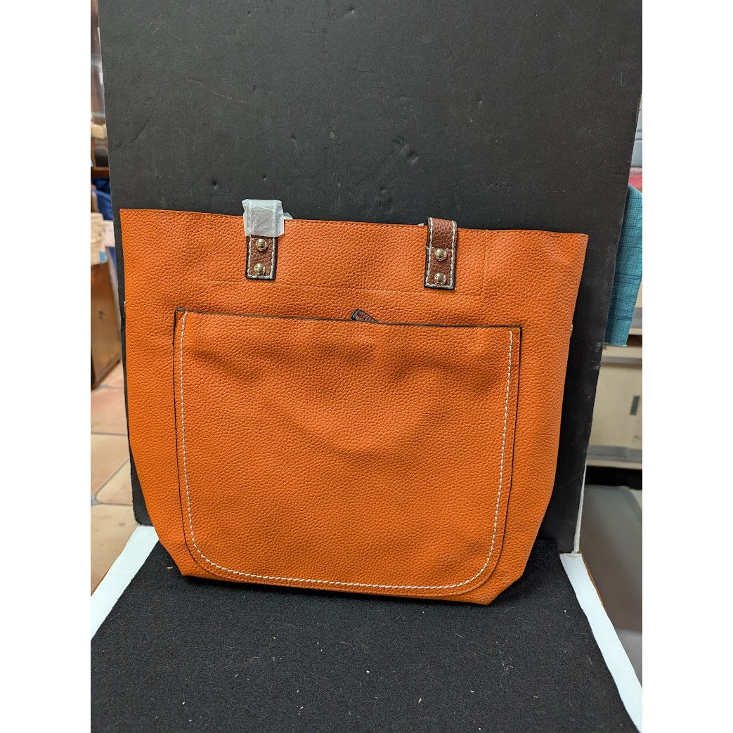 Vegan Faux Pebbled Leather Orange Removable bag Tote NEW Purse Front zip pocket