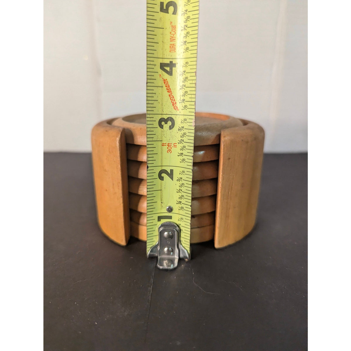 Vintage Mid Century Modern Wooden Drink Coasters Set of 6 with Holder