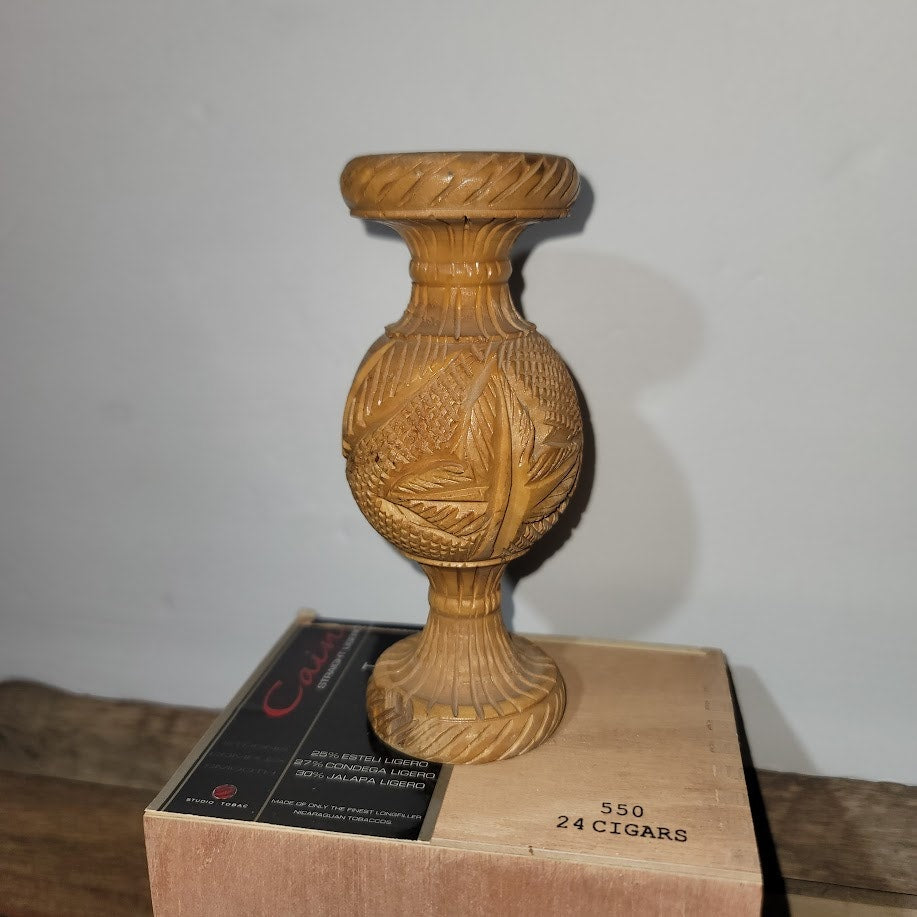 Vintage Wood Vase Five Inch Natural Carved Starburst Boho Rustic