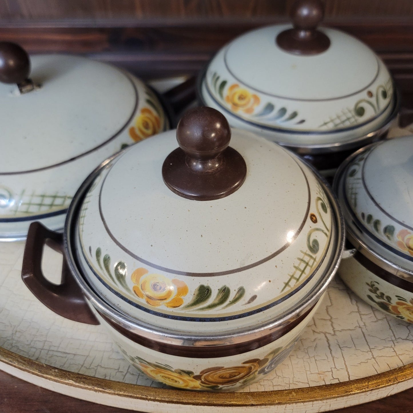 Vintage Asta Enamelware Cookware Set Brown Green Floral West Germany 8pc