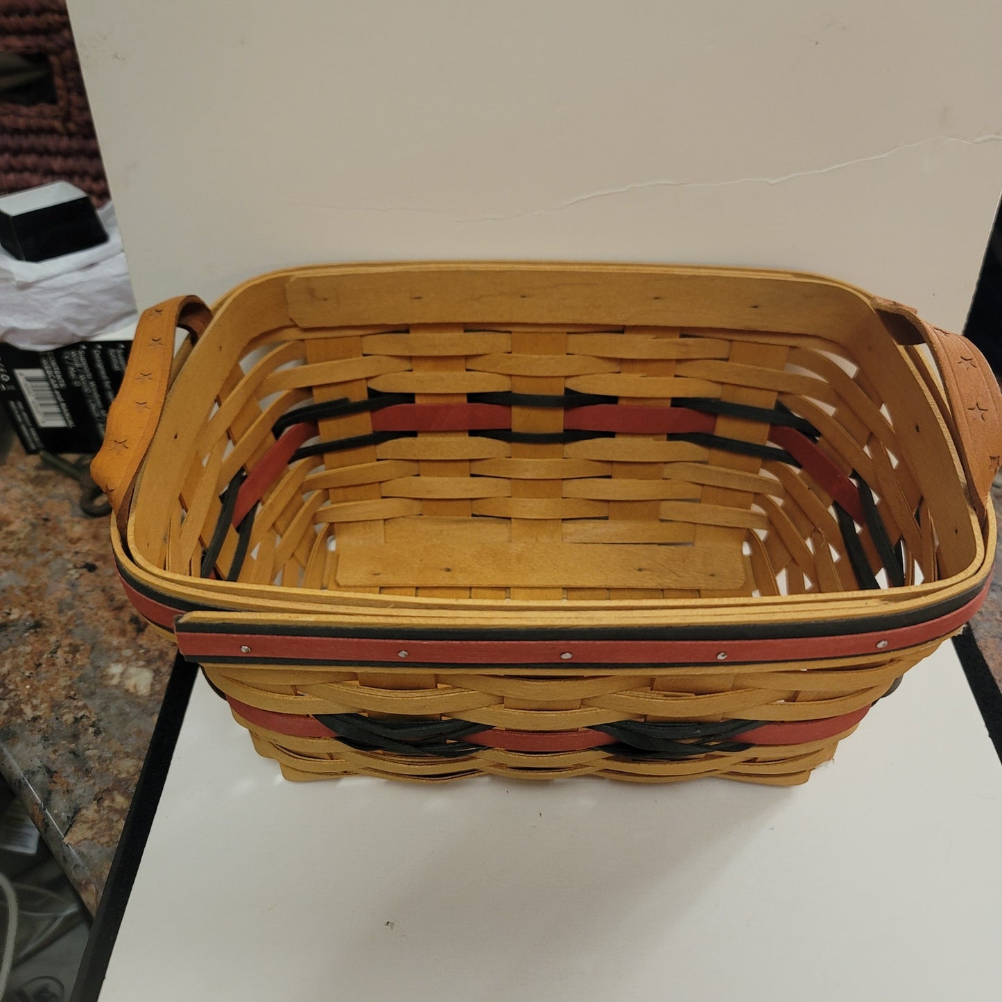 Longaberger basket brown red blue stars handles oblong double handle 11"
