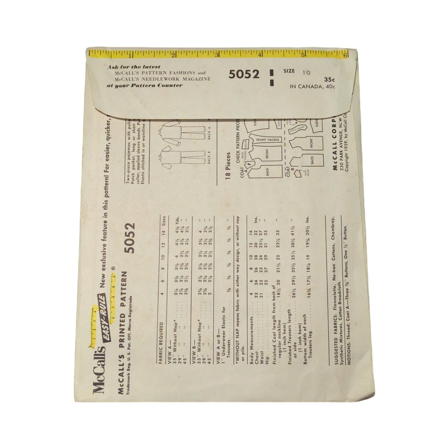 McCalls 5052 Vintage Sewing Pattern Size 10 Boys Pajamas