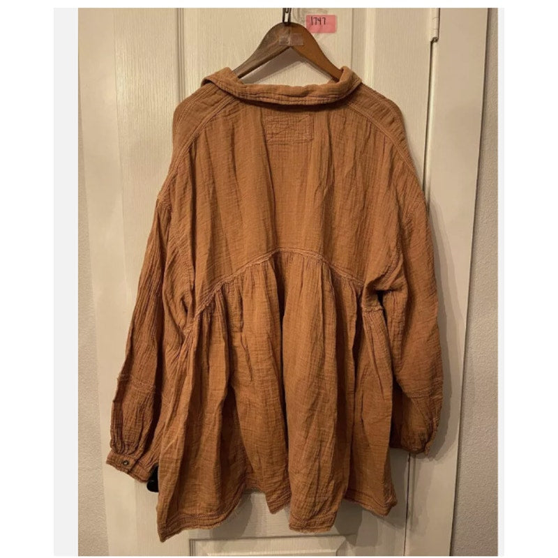 Free People Anaheim Double Cloth Top Gauze Shirt Tunic Camel OVERSIZED S-L New