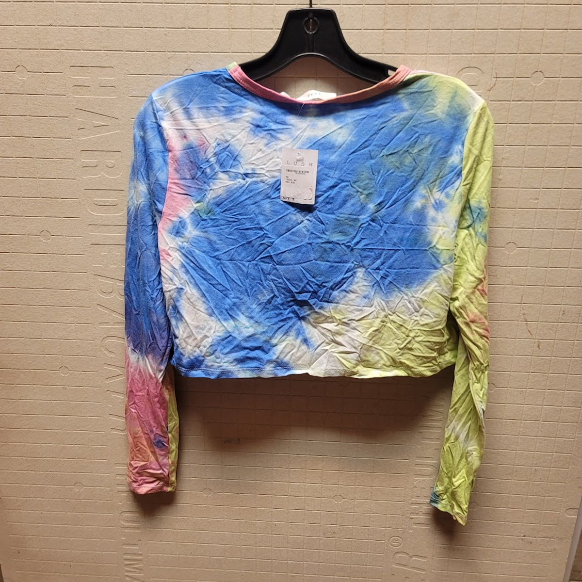 LUSH pink blue yellow crop top Tie Dye Long sleeve top LARGE new casual hippie