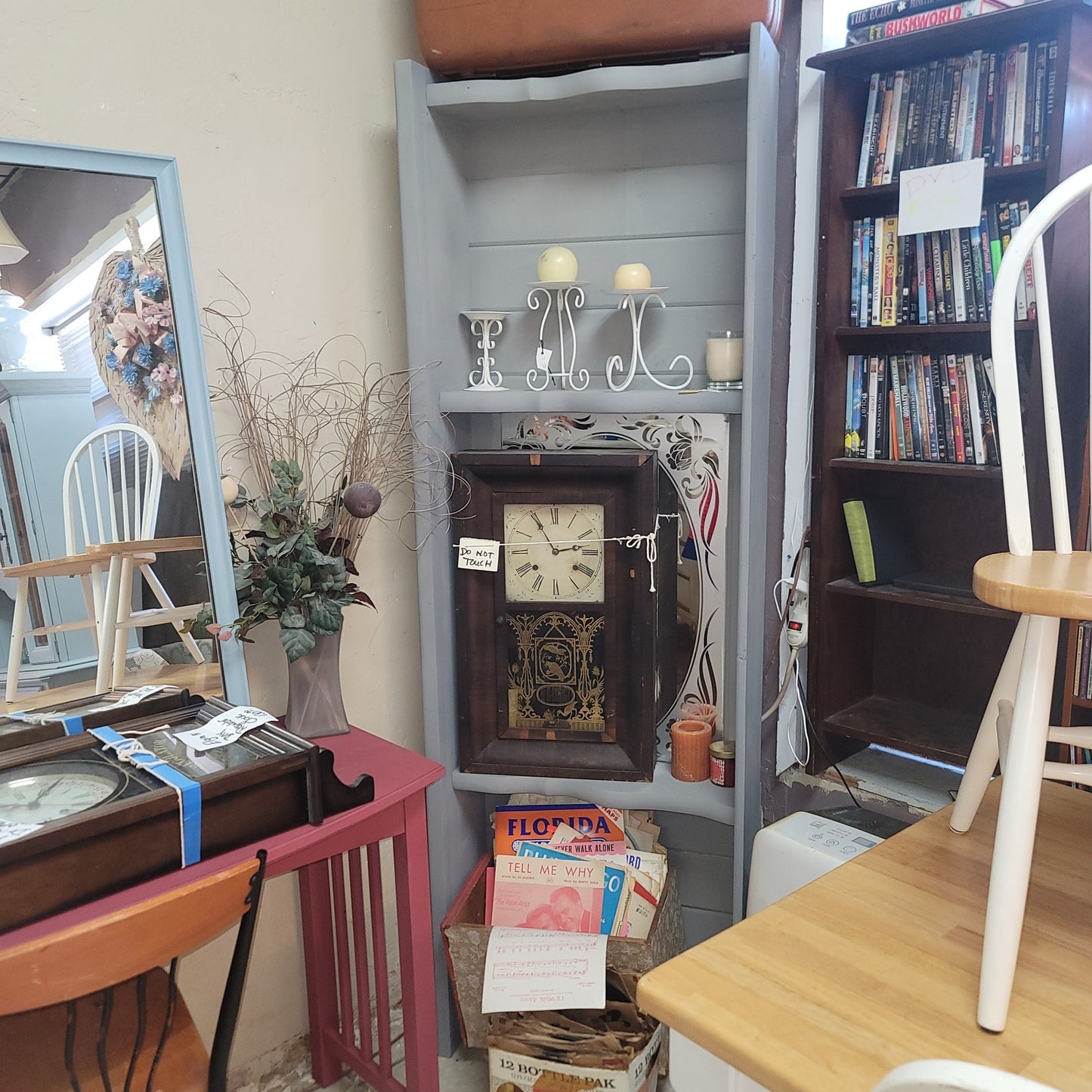 Secondhand Sandies: tall gray bookshelfwith mirror. You can add legs for a sofa table 24"