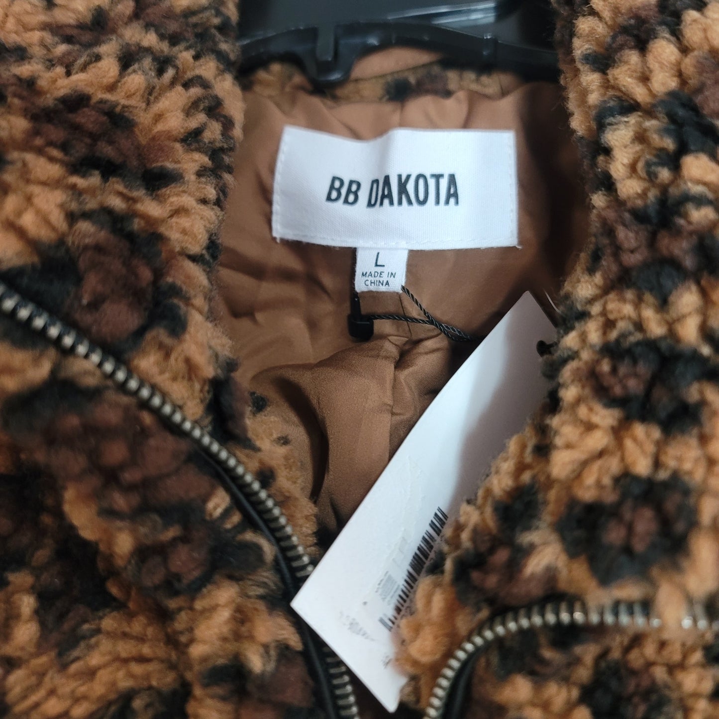 BB Dakota Leopard Print Coat Large Womens Full Zip Brown Black Long Sleeve