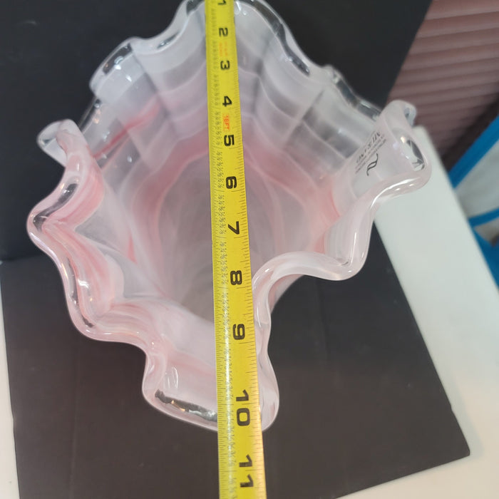 Murano art glass large vase End-of-day Slag White Pink Handkerchief Ruffle