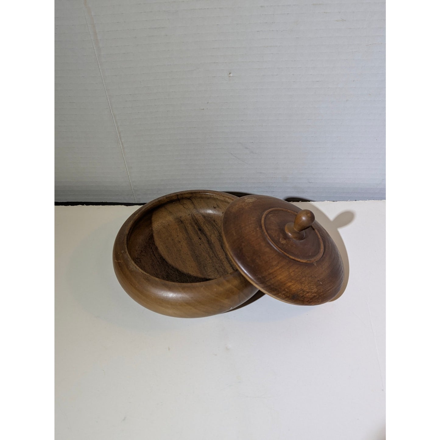 Vintage Hand-Turned Walnut Wood Lidded Trinket Bowl Mid-Century Modern Boho