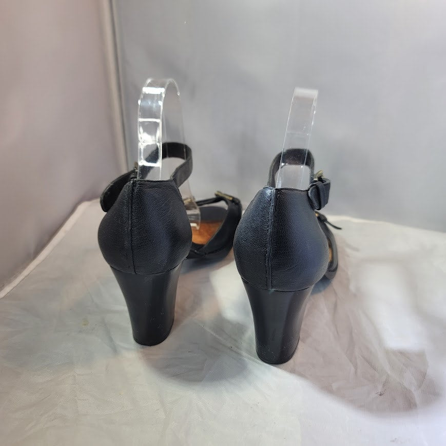 Aerosoles Jay Bird Womens 10 Med Black Leather Ankle Strap Open Toe Block Heels