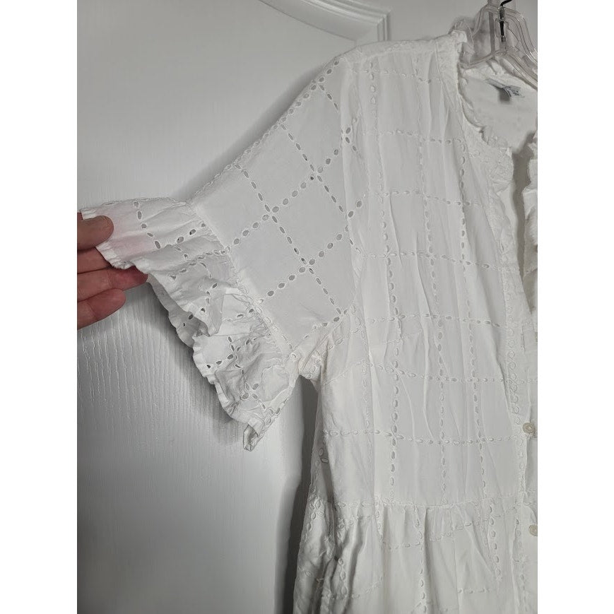 Crown & Ivy White eyelet button up Dress Midi Size XL Pockets flutter sleeve