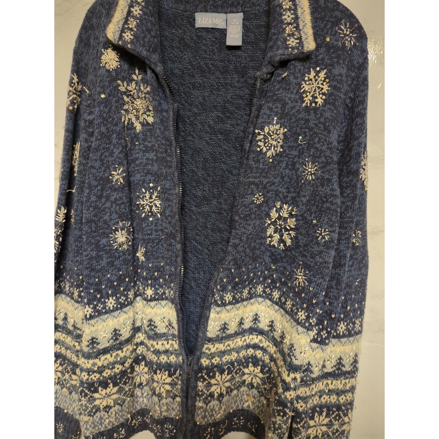 Liz & Me Blue Fair Isle Snowflake Beaded Zip-Front Cardigan Sweater 0X Plus