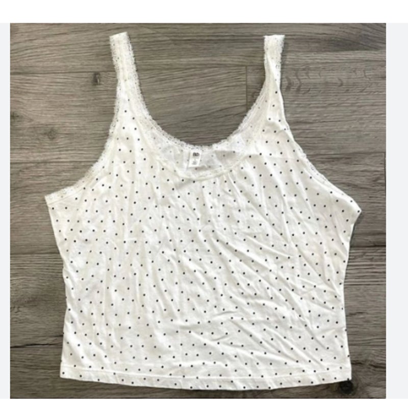 BP Tank Top LARGE CAMISOLE White Black Polka Dot Lace Boho Crop Womens Casual